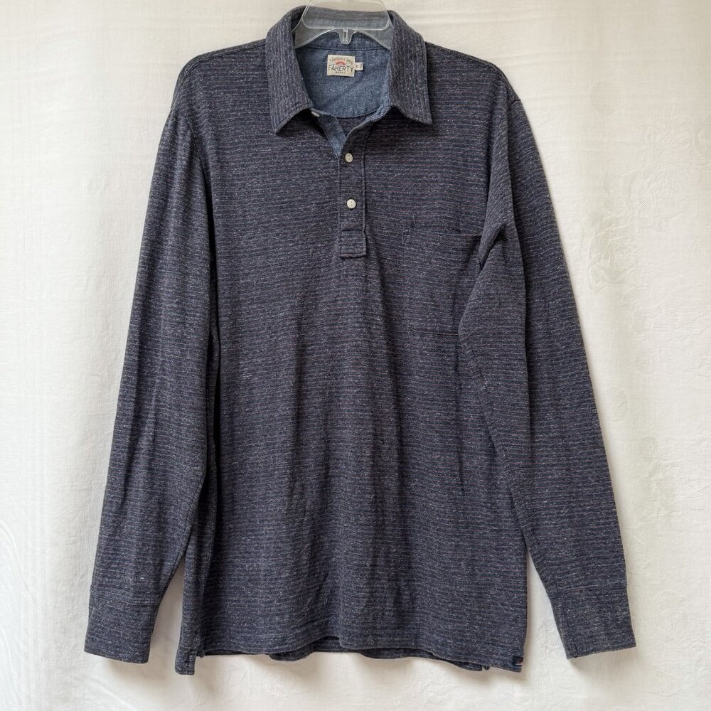 Faherty Polo Shirt Long Sleeve XL Blue Heather Striped Pocket Organic Cotton
